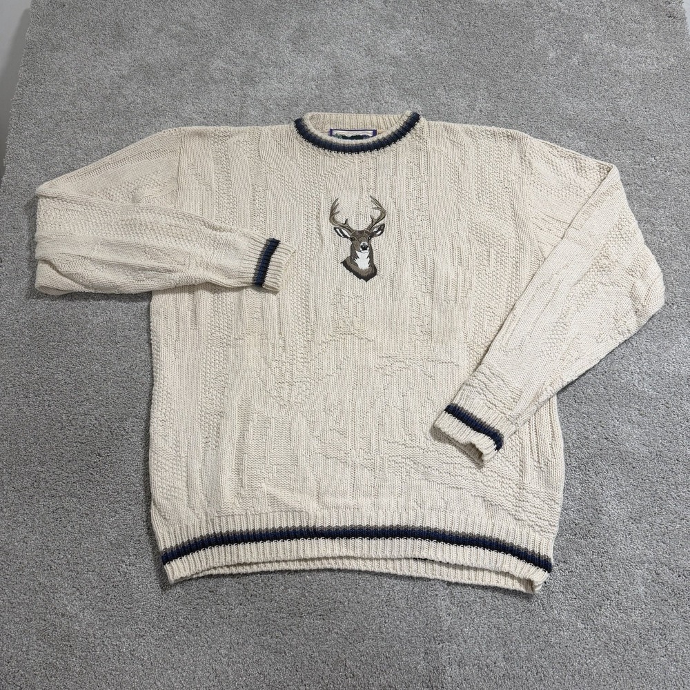 Vintage Shenandoah Deer‎ Sweater Mens XLT Beige Embroidered Animal Knit USA 90s